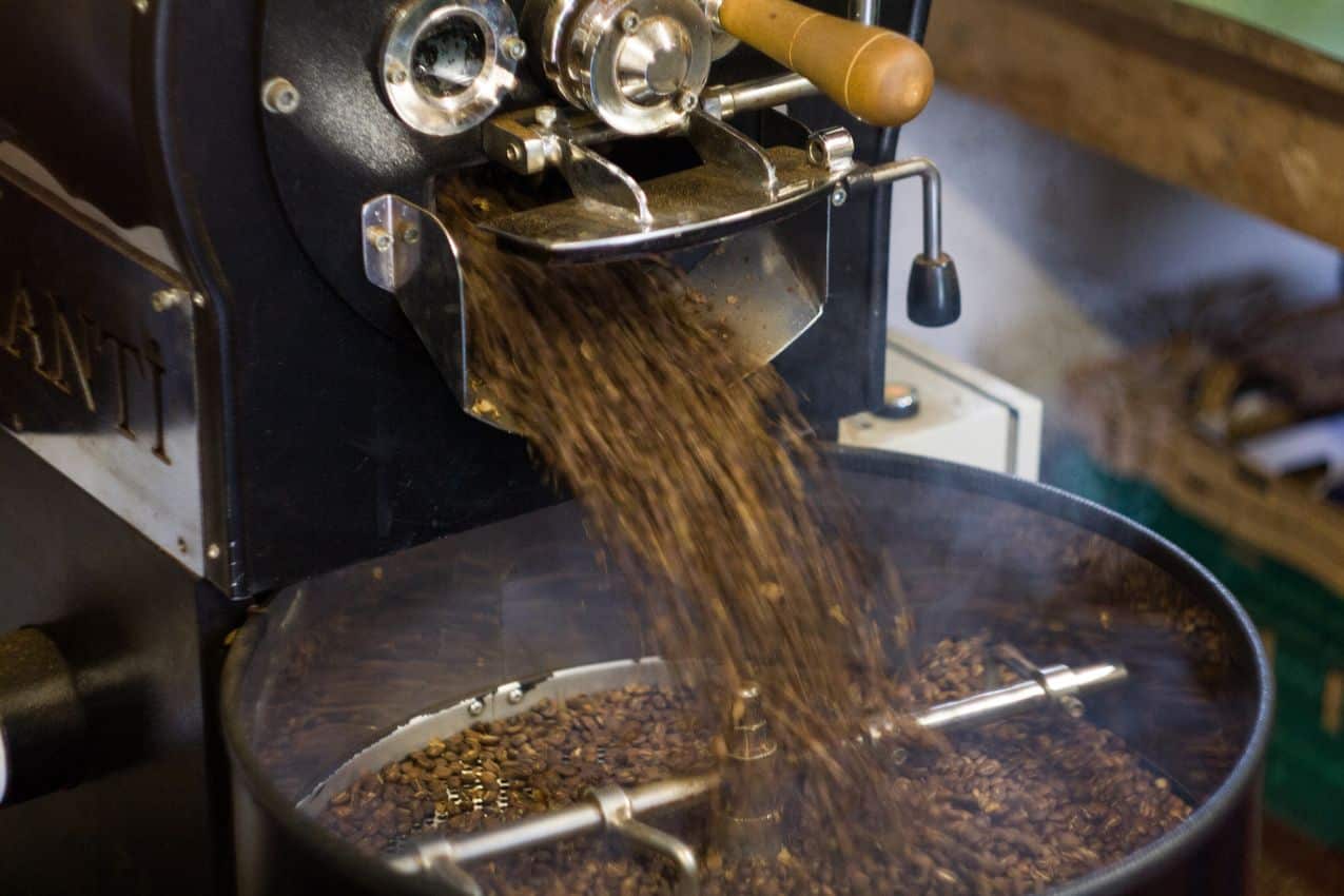 Grains de café fraîchement torréfiés en cours de refroidissement Grains de café torréfiés refroidissant après torréfaction