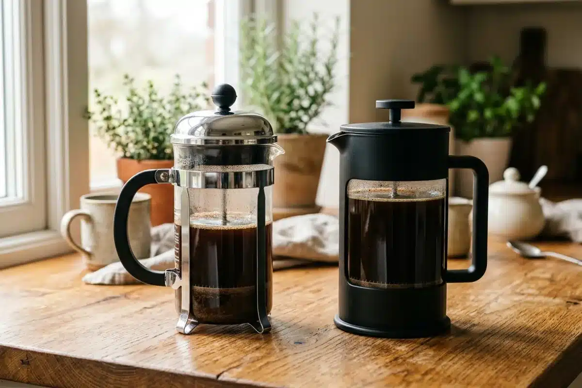 deux cafetières à piston comparatif modèles différents Deux cafetières à piston côte à côte : modèle classique chromé et modèle contemporain noir mat