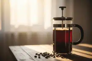 Cafetière à piston en verre remplie de café en infusion sur une table en bois avec des grains de café