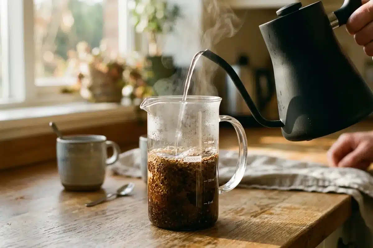 versement eau chaude cafetière à piston préparation mode emploi Versement d'eau chaude depuis une bouilloire col-de-cygne dans une cafetière à piston avec café moulu