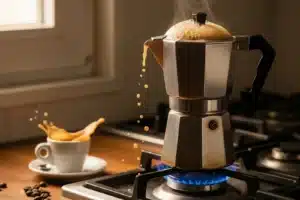 Cafetière italienne en aluminium sur une flamme de gaz, café qui mousse à la sortie