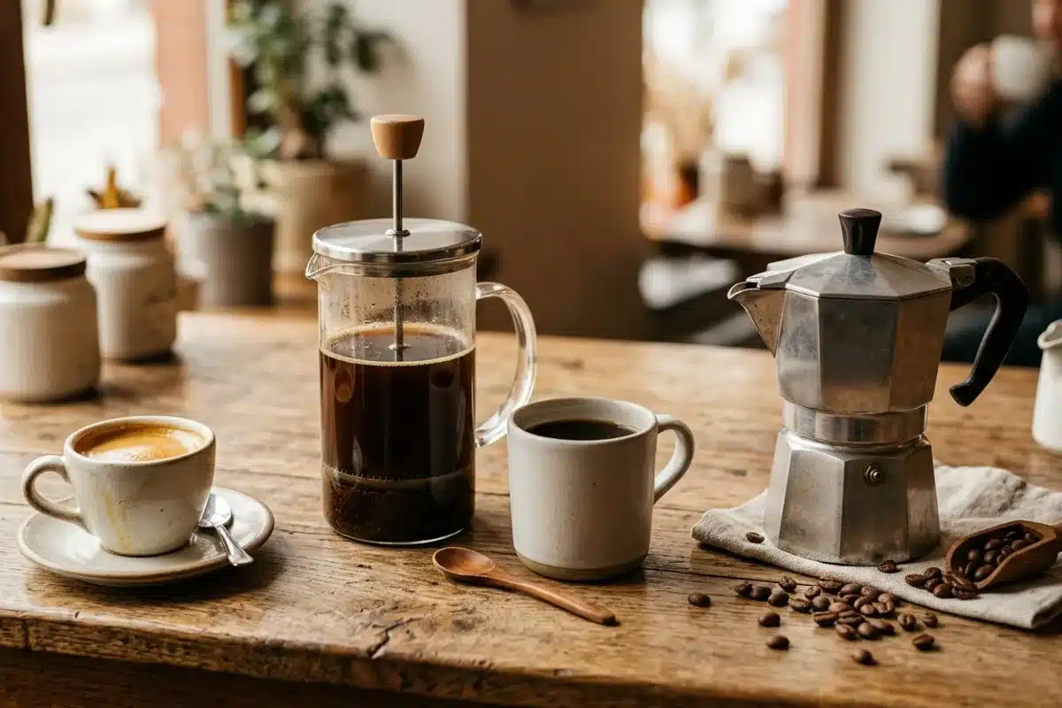 Espresso, cafetière à piston et cafetière moka côte à côte illustrant différentes méthodes d'extraction