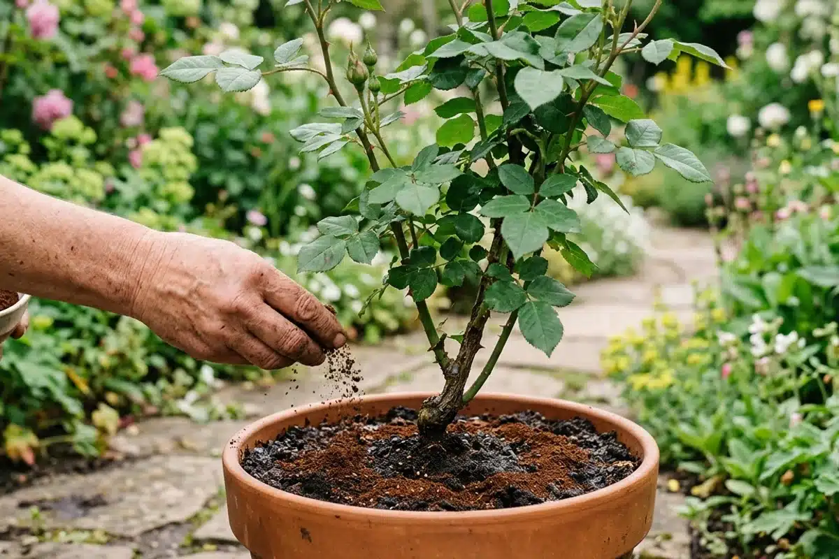 Main saupoudrant du marc de café au pied d'un rosier en pot, usage comme engrais au jardin