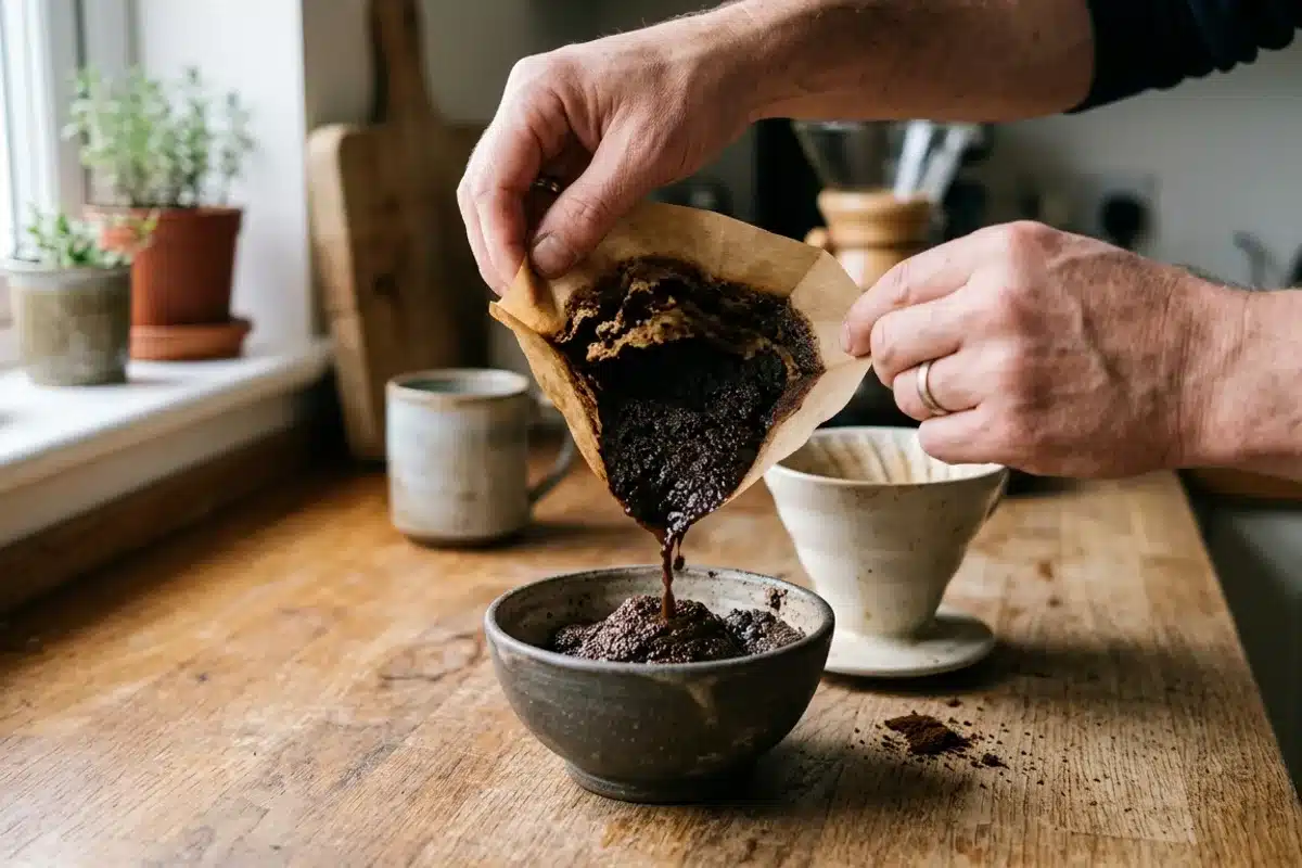 Mains vidant du marc de café usagé depuis un filtre dans un bol, étape de récupération