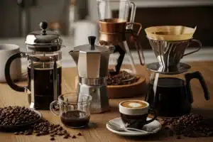 Méthodes d'extraction du café : piston, moka, pour-over et espresso réunis sur un plan de travail