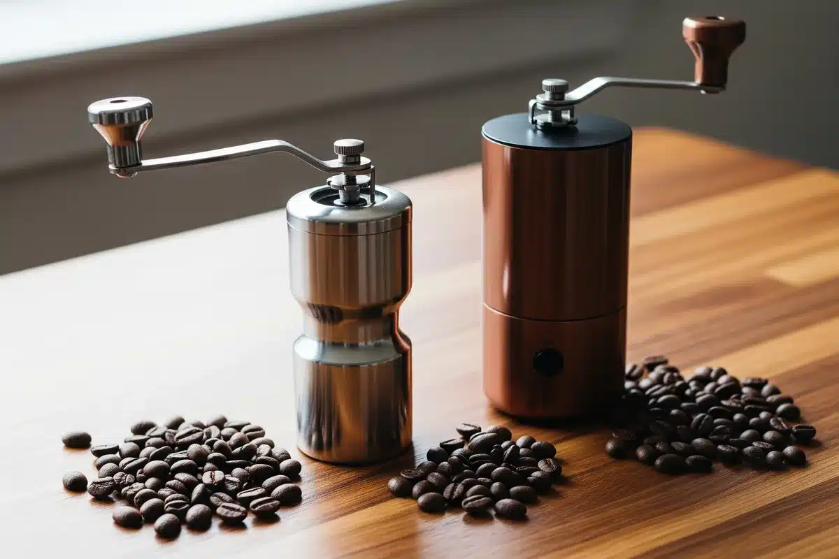Moulins à café manuels et électriques disposés sur une surface en bois
