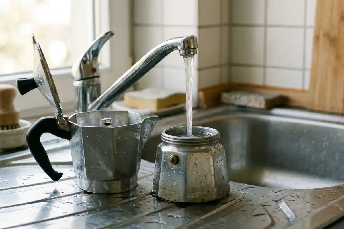 Nettoyer une cafetière italienne à l eau claire Cafetière italienne en aluminium rincée à l eau claire sous le robinet, sans produit vaisselle