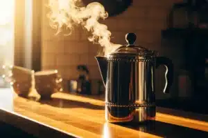 Percolateur à café posé sur un comptoir en bois avec une tasse de café fumant