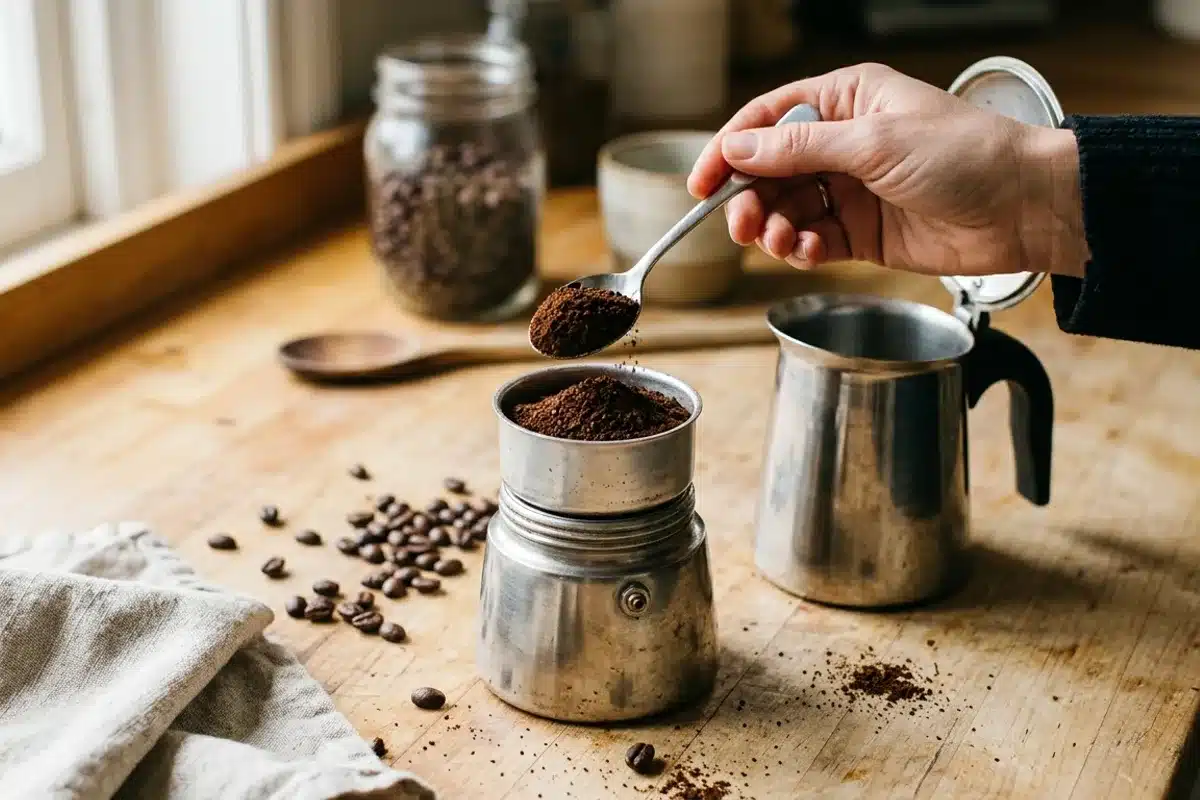 Remplir le filtre de café moulu d une cafetière italienne Main versant du café moulu à la cuillère dans l entonnoir-filtre d une cafetière italienne démontée