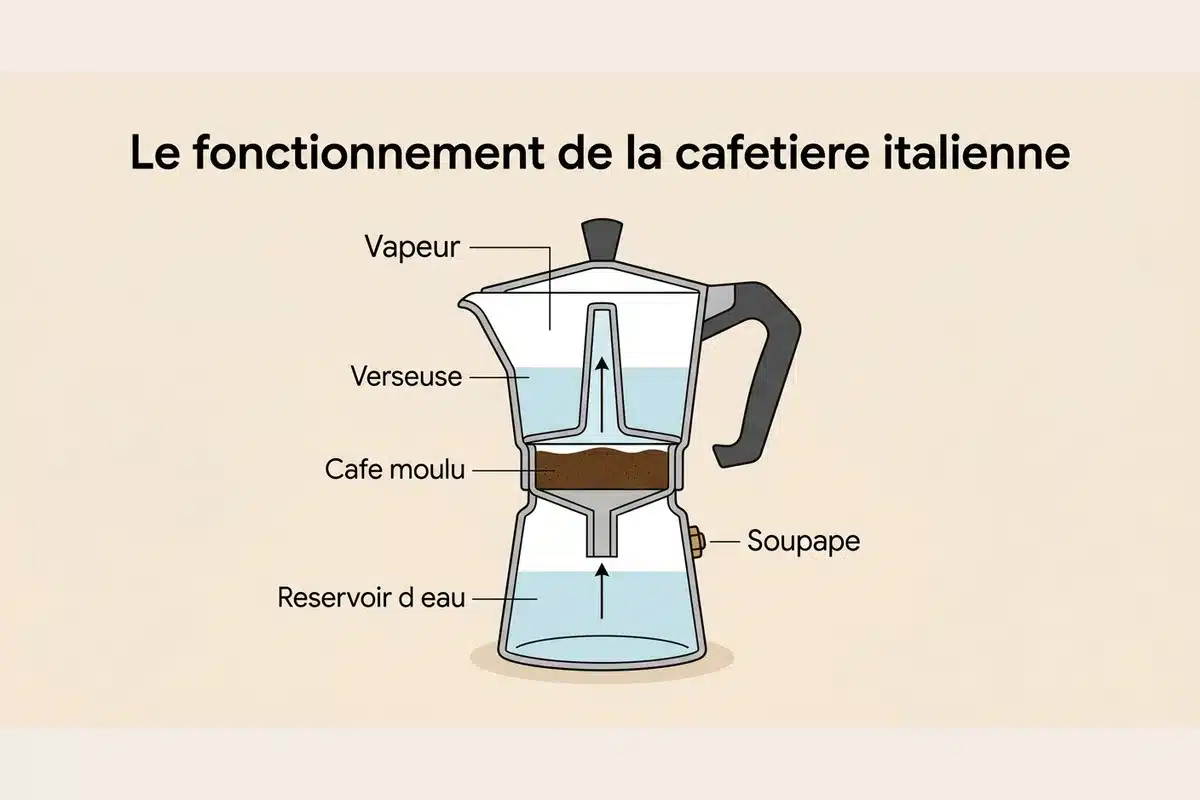 Schéma du fonctionnement d une cafetière italienne Schéma en coupe d une cafetière italienne : réservoir d eau, café moulu, verseuse et trajet de la vapeur