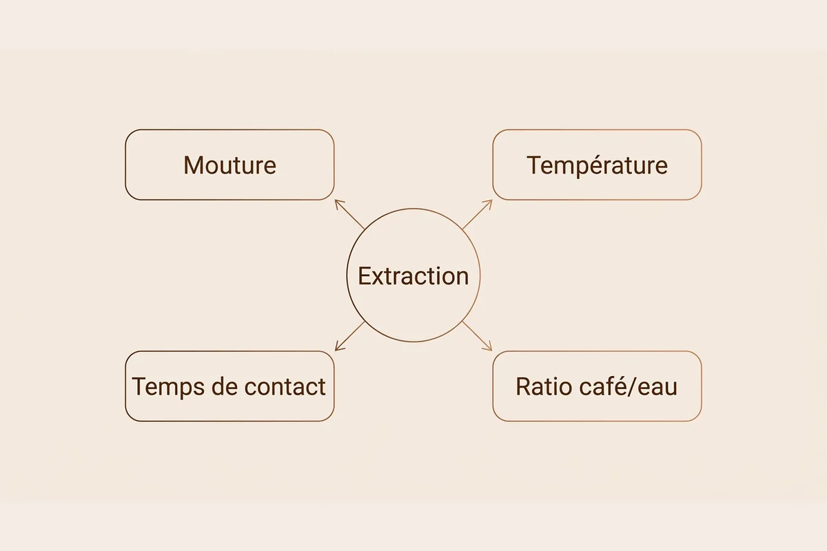Schéma des quatre paramètres de l'extraction du café : mouture, température, temps de contact et ratio café/eau