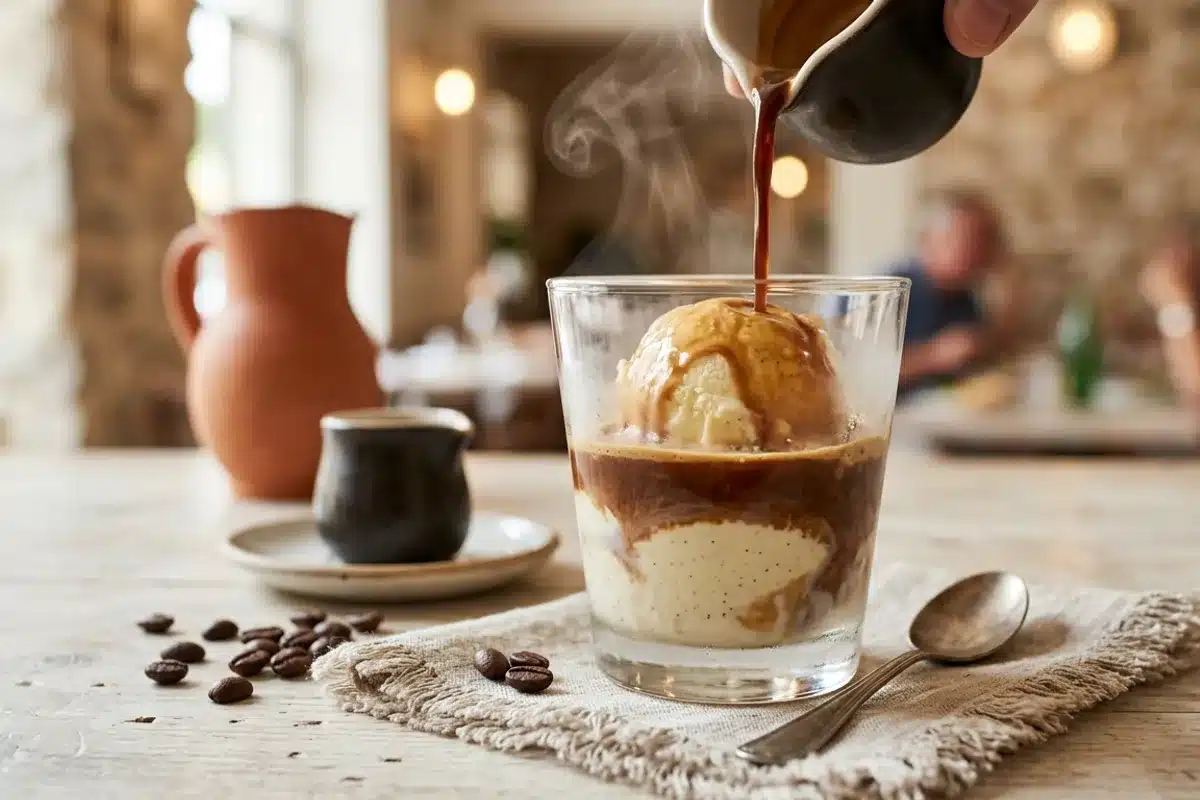 Affogato, espresso versé sur une glace vanille Un espresso versé sur une boule de glace à la vanille dans un verre, grains de café autour