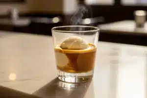 Affogato servi dans un verre transparent, espresso brun doré versé sur une boule de glace vanille crémeuse