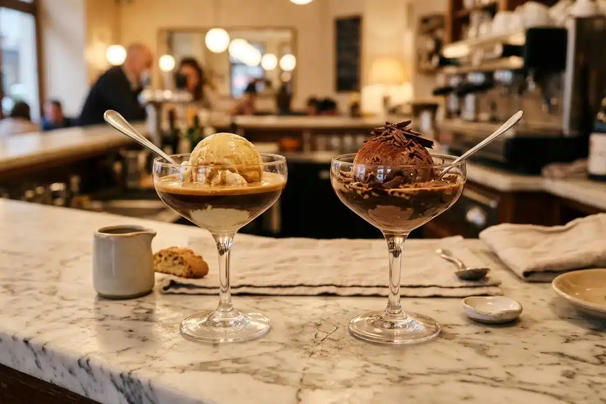 Variantes gourmandes de l'affogato : chocolat et version classique Deux affogatos côte à côte, version classique vanille-espresso et variante au chocolat avec copeaux