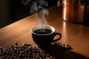 Bienfaits du café, tasse de café noir fumant et grains torréfiés sur un comptoir en bois