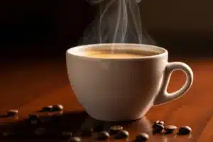 Tasse de café allongé sur bois foncé avec grains de café et vapeur légère