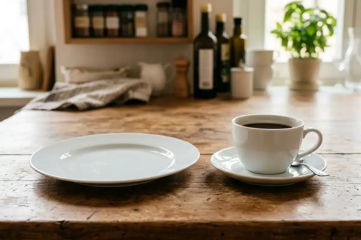 Café après repas - meilleure tolérance digestive Assiette vide et tasse de café côte à côte sur une table en bois, symbolisant la prise de café après le repas