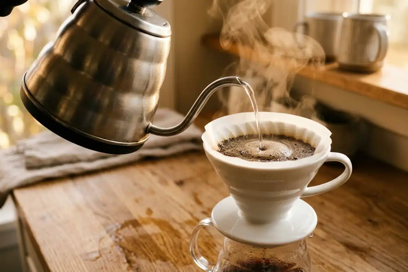 Préparation café filtré papier pour limiter le cafestol versement d'eau chaude sur filtre papier dans un dripper céramique blanc, méthode qui retient le cafestol