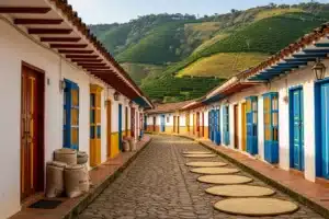 Rue colorée d'un village caféier colombien, balcons peints, sacs de jute et café séchant au soleil