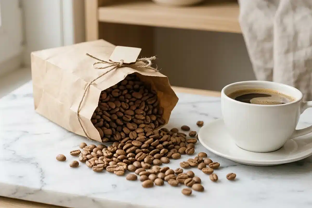 Café décaféiné en grains et tasse blanche Sachet kraft de café décaféiné ouvert et tasse blanche sur marbre, alternative décaféiné grossesse