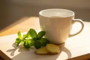 Tasse de café posée sur bois clair avec de la menthe fraîche, illustrant les effets du café sur la digestion