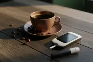 Tasse d'espresso noir sur une table en bois sombre à côté d'un lecteur de glycémie, illustrant le lien entre café et diabète
