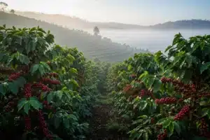 Plantation de café arabica sur les hauts plateaux d'Éthiopie, cerises rouges en cours de maturité