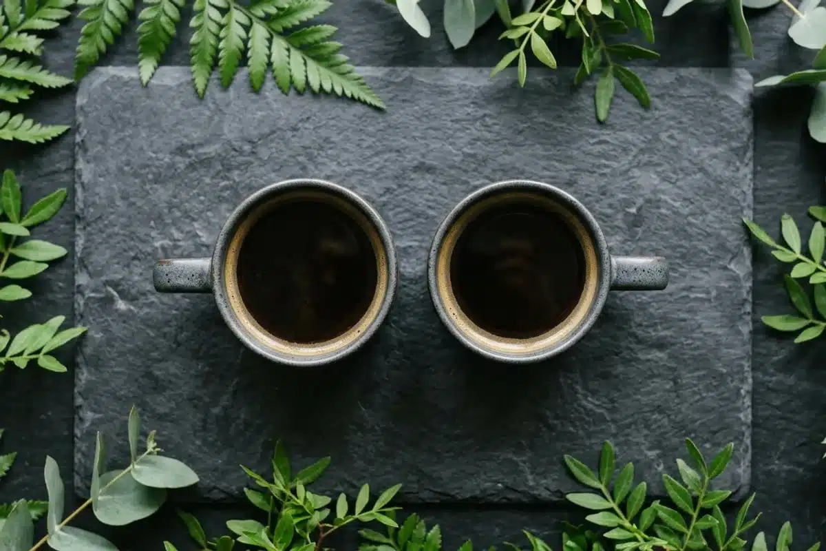 Deux tasses de café quotidiennes pour le foie Vue de dessus de deux tasses de café sur ardoise illustrant la dose quotidienne recommandée pour la santé hépatique