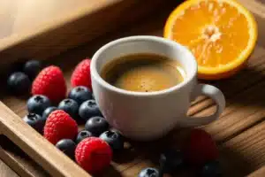 Café fruité - tasse espresso entourée de framboises, myrtilles et d'une orange sur plateau bois