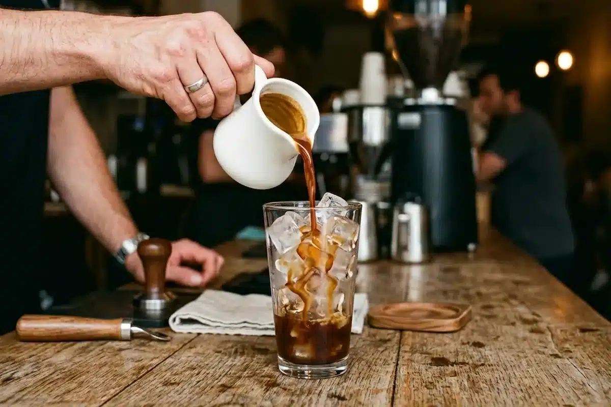 Préparation d’un café glacé à l’espresso Espresso versé depuis un pichet directement dans un verre de café glacé rempli de glaçons