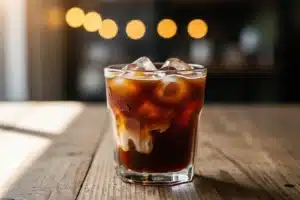 Verre de café glacé maison avec glaçons et légère crème sur table en bois