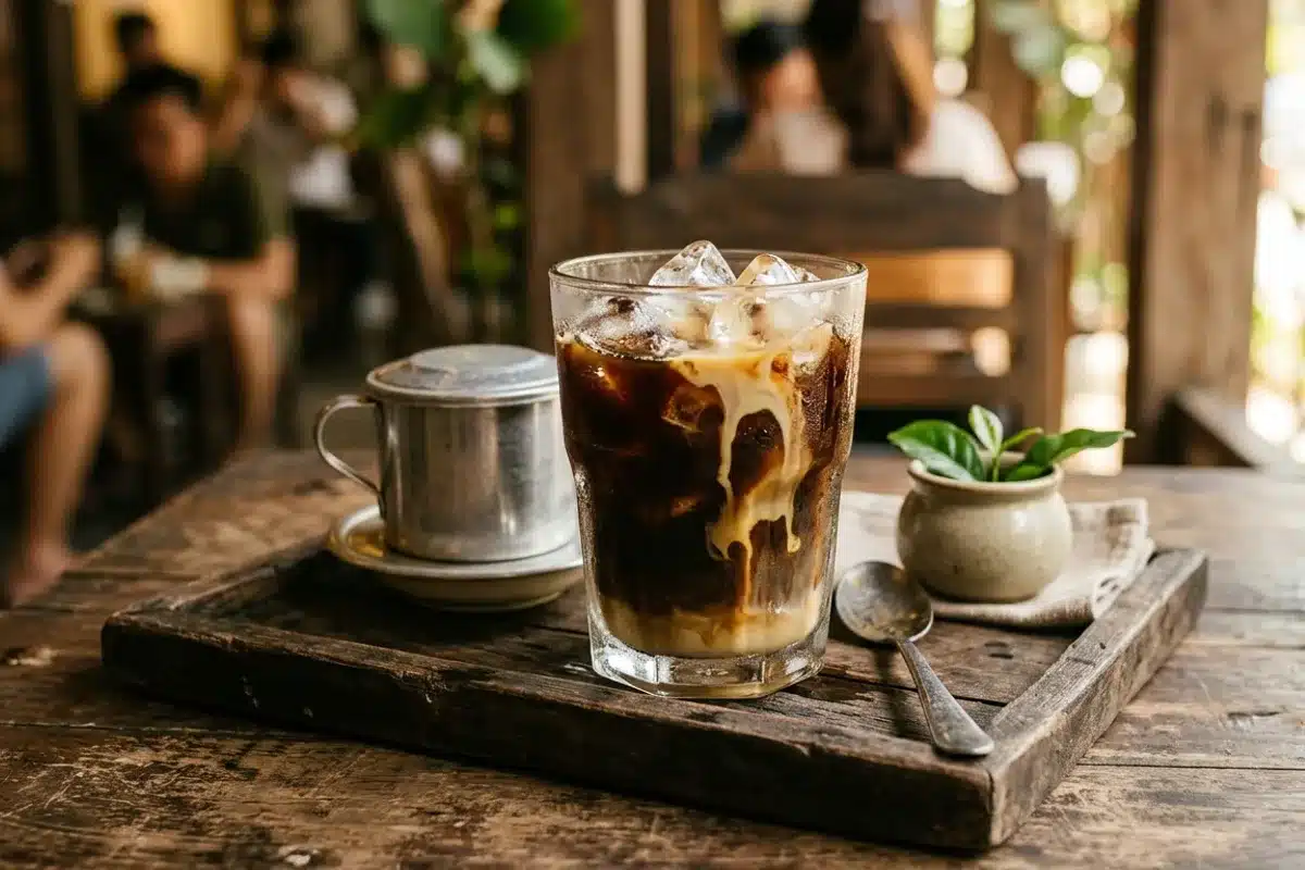 Café glacé vietnamien au lait concentré Lait concentré sucré coulant dans un verre de café glacé à la vietnamienne avec glaçons
