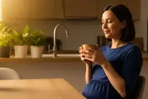 Femme enceinte tenant une tasse de café dans une cuisine lumineuse, consommation café grossesse