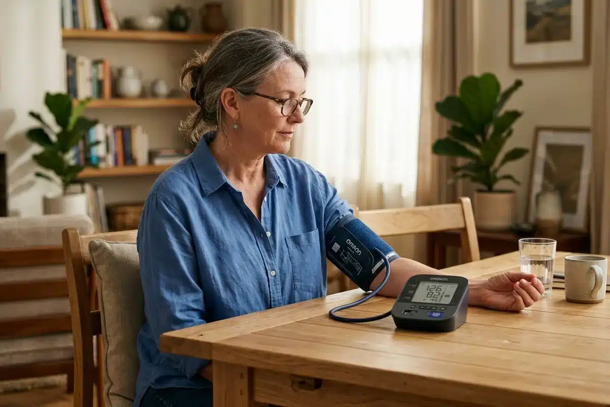 Mesure tension artérielle domicile, tensiomètre automatique Adulte mesurant sa tension artérielle à domicile avec tensiomètre automatique, recommandations café hypertension