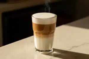 Café latte servi dans un verre avec sa mousse de lait onctueuse