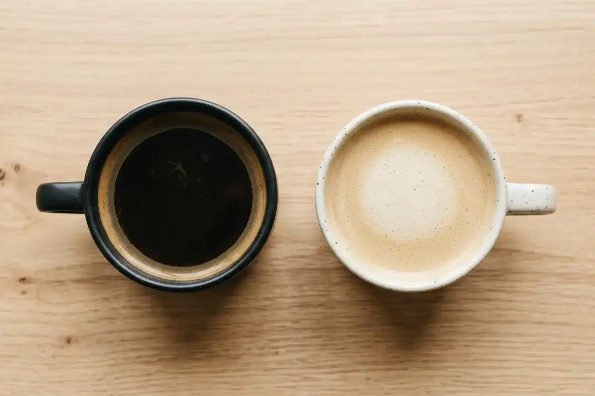 Café noir et café au lait pour les diabétiques Vue de dessus de deux tasses de café côte à côte, café noir et café au lait, sur une table en bois clair