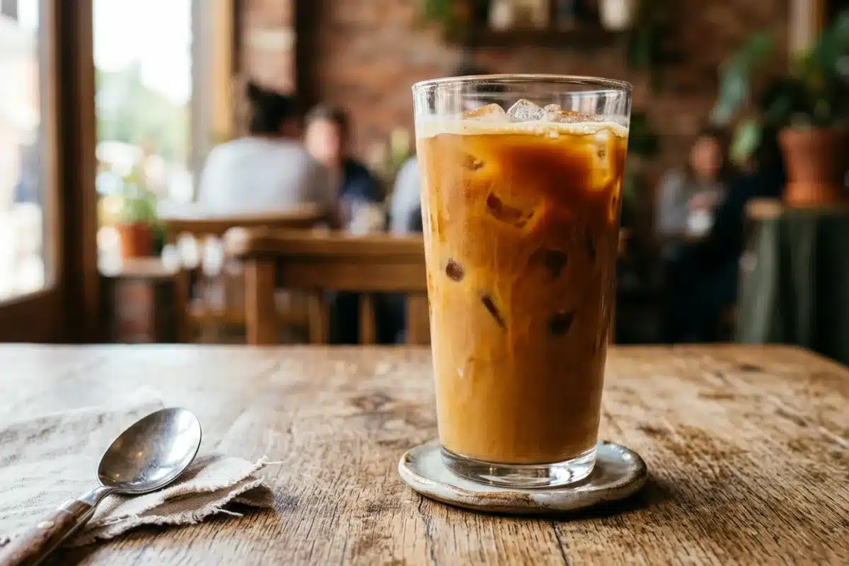 Café noisette glacé en verre Verre de café noisette glacé avec des glaçons, couleur ambrée caractéristique, dans un café chaleureux