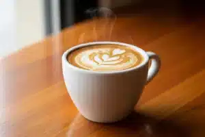 Tasse de café noisette fumante avec sa couleur brun clair caractéristique, posée sur un comptoir en bois
