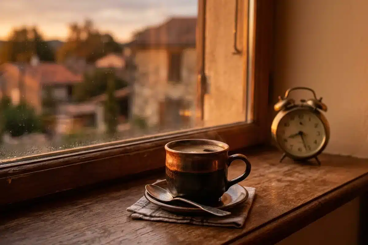 Café en fin de journée et sommeil Tasse de café près d'une fenêtre à la lumière du soir, question du café et du sommeil