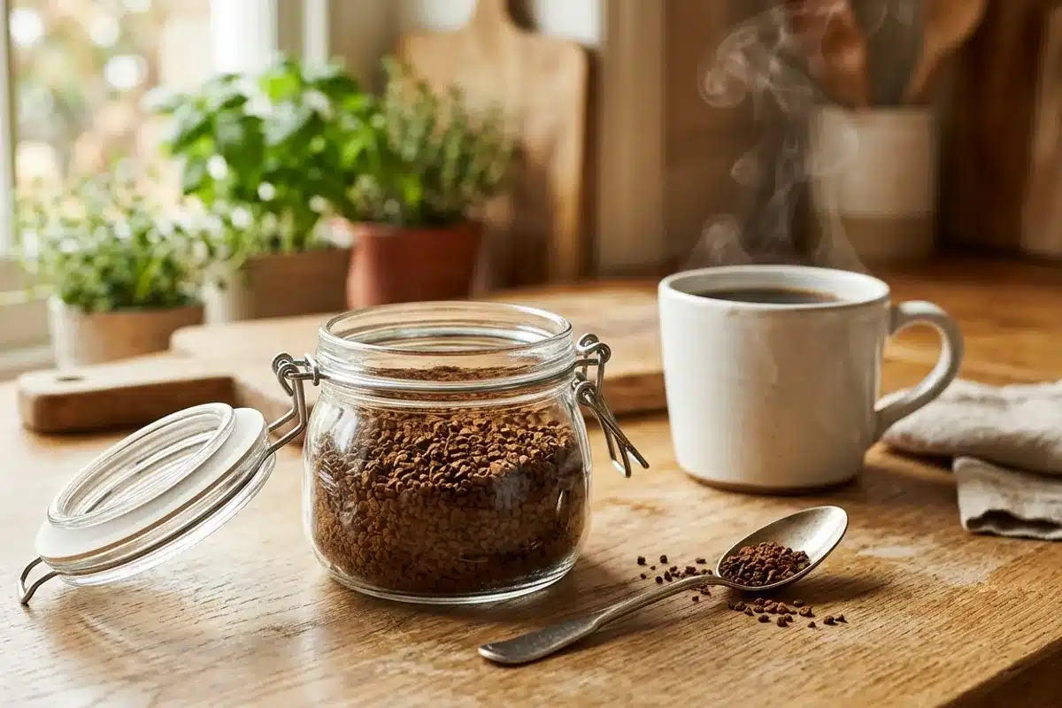 Café soluble lyophilisé en bocal avec cuillère et tasse fumante Bocal de café soluble lyophilisé ouvert à côté d'une tasse fumante et d'une cuillère, sur comptoir en bois clair