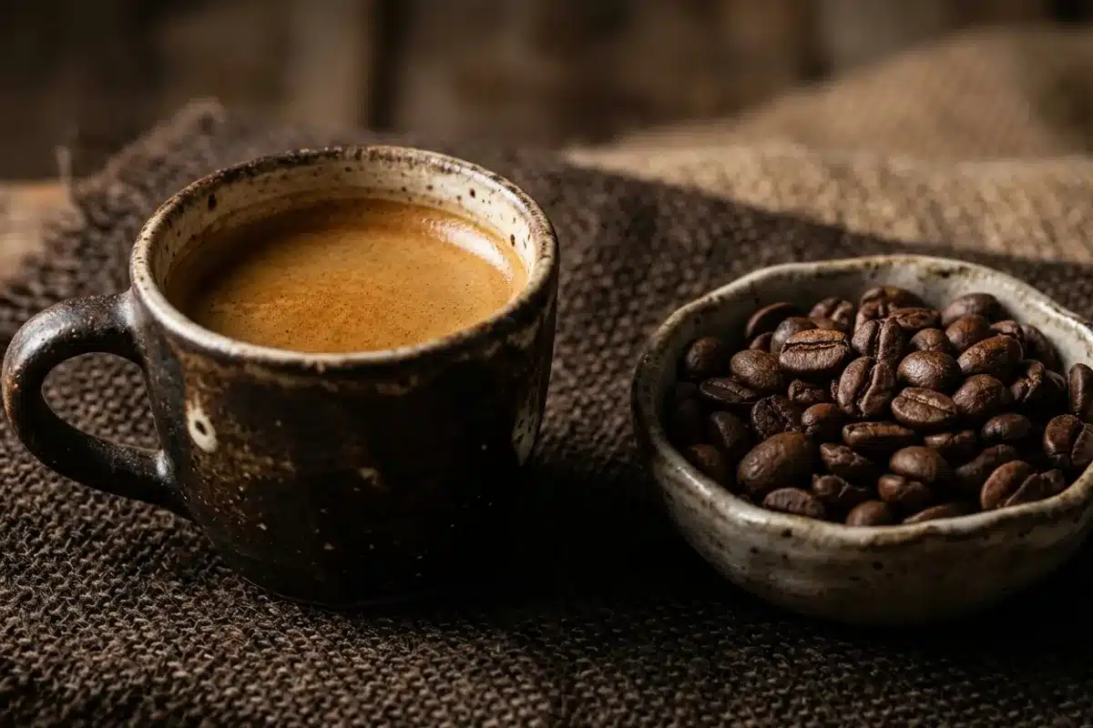 Espresso en tasse rustique et grains de café torréfiés, qualité café soluble vs grains Tasse en céramique rustique sombre remplie d'espresso avec un bol de grains de café torréfiés sur toile de jute