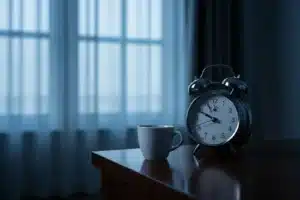Tasse d'espresso sur une table de nuit avec un réveil montrant 22h30, éclairage bleu lunaire - effets du café sur le sommeil