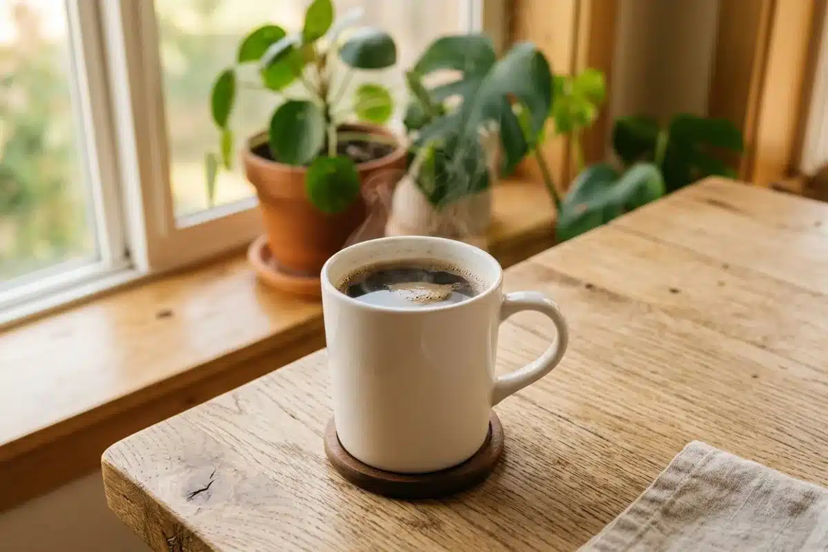 Mug de café du matin sur bureau en bois clair Mug de café fumant sur un bureau en bois clair avec plante verte et lumière dorée matinale - conseils café et sommeil