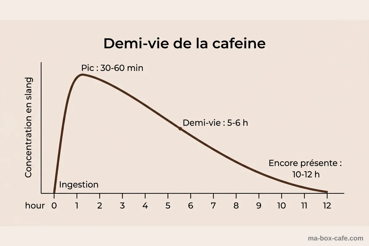 Schéma de la demi-vie de la caféine dans l'organisme Schéma de la demi-vie de la caféine sur 12 heures : pic à 30-60 minutes, demi-vie à 5-6 heures, élimination progressive