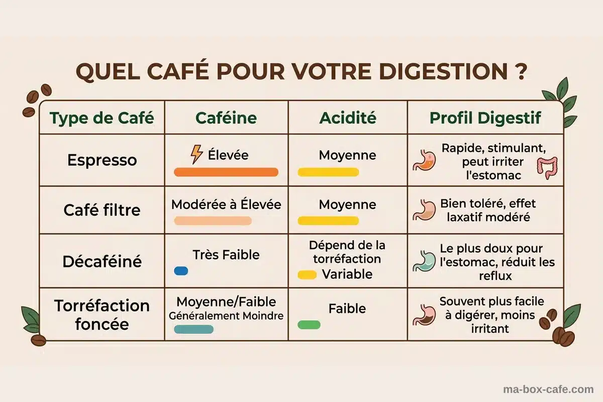 Comparatif des types de café et impact digestif Infographie comparant les 4 types de café (espresso, filtre, décaféiné, torréfaction foncée) selon leur acidité et leur impact digestif