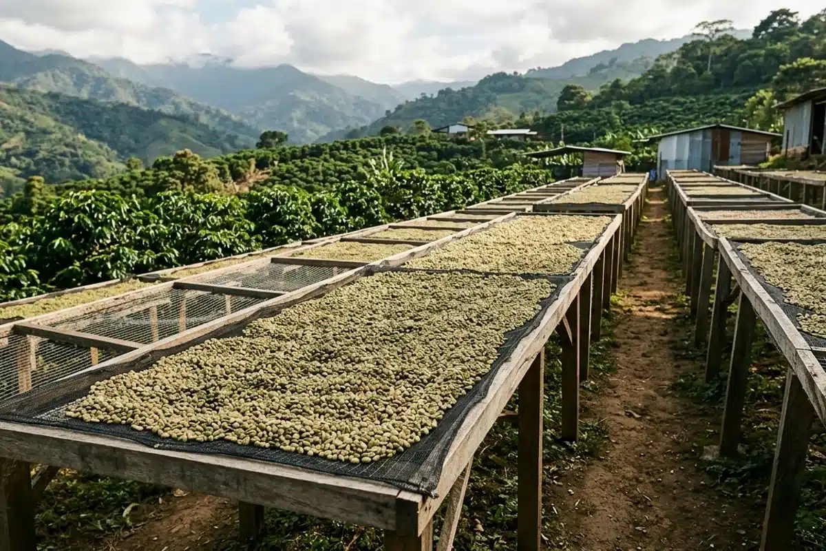 Café vert séchant sur lits surélevés Grains de café vert en train de sécher sur des lits surélevés dans une ferme caféière