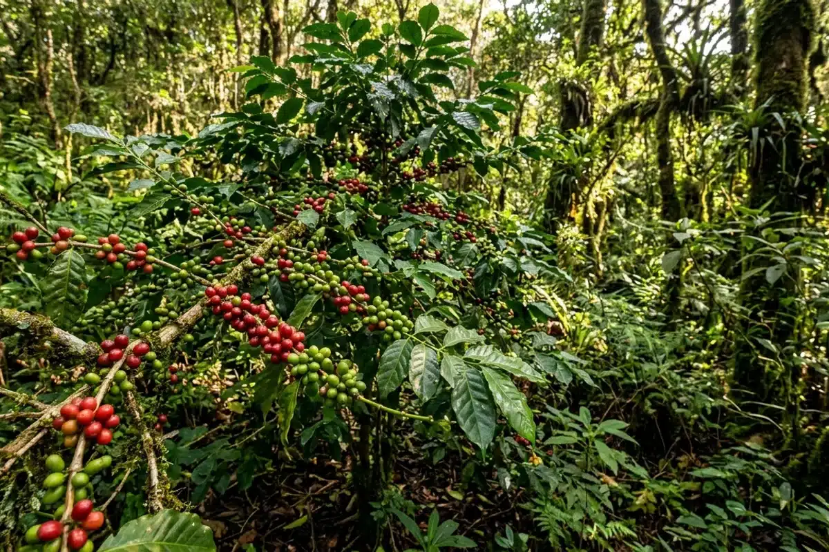Caféiers arabica sauvages en forêt éthiopienne Caféiers arabica poussant à l'état sauvage dans une forêt éthiopienne, cerises rouges et vertes