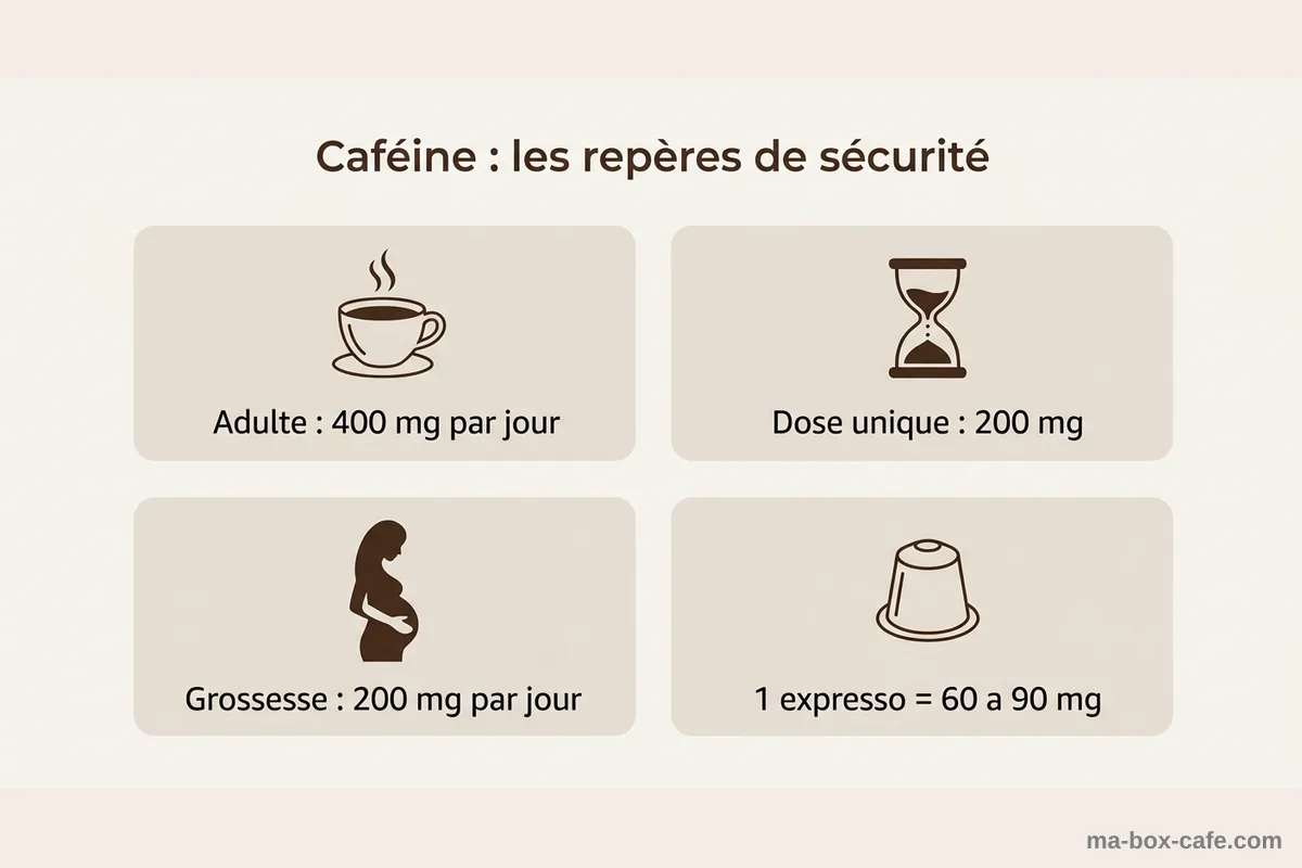 Caféine, les repères de sécurité par jour Repères de sécurité de la caféine : 400 mg par jour adulte, 200 mg dose unique, 200 mg grossesse