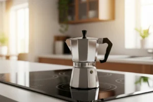 Cafetière italienne en inox posée sur une plaque à induction, cuisine moderne