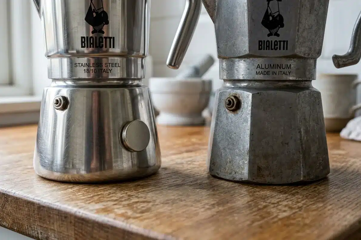Fond inox et fond aluminium cafetière italienne Gros plan sur le fond d'une cafetière italienne en inox (compatible induction) à côté d'un modèle en aluminium